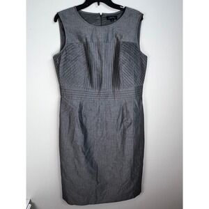 Tahari Arthur Levine Women's Grey Sleeveless Sheath Dress Size 14 Pleated Detail
